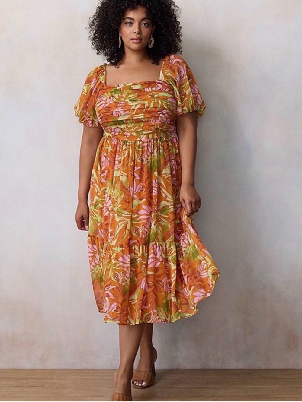 LC Lauren Conrad Puff-Sleeve Midi Dress in Orange and Pink Floral (3X)
